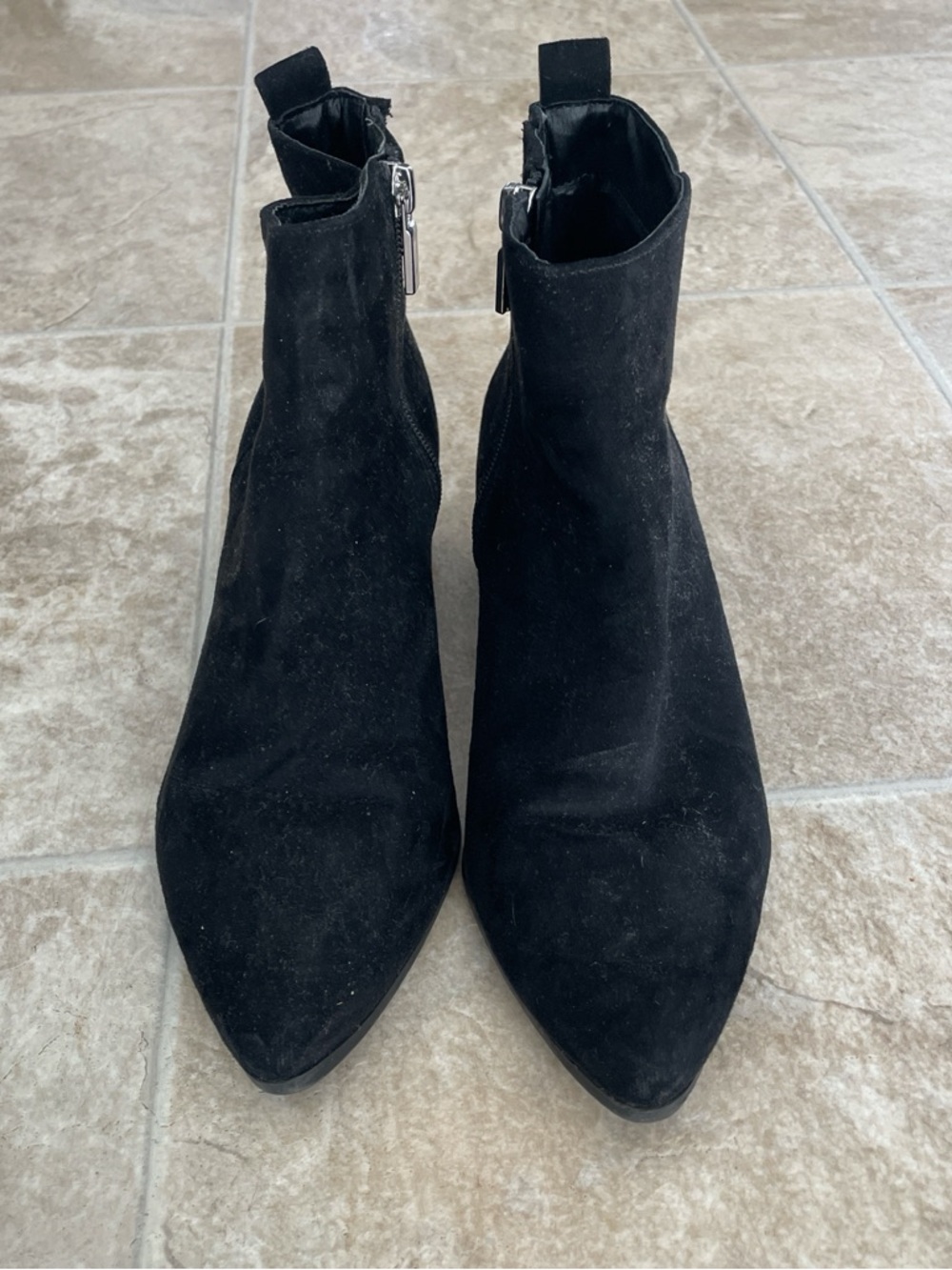 Black Faux Suede Ankle Boots Size 6 Low Heel Side Zip Booties